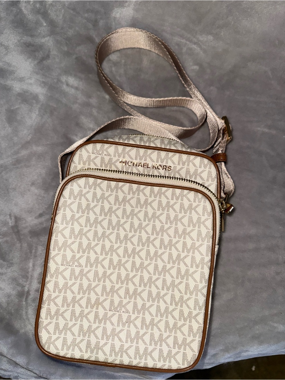 Michael Kors Beige Logo Crossbody Messenger with Brown Trim